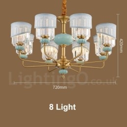 Lampadario a sospensione in ottone puro, rustico, retrò, vintage, in ceramica, con paralumi in tessuto e cristallo