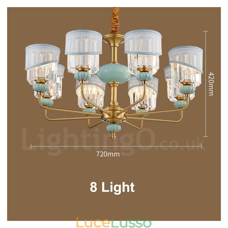 Lampadario a sospensione in ottone puro, rustico, retrò, vintage, in ceramica, con paralumi in tessuto e cristallo