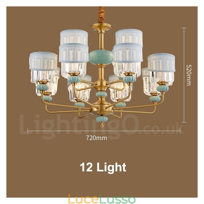 Lampadario a sospensione in ottone puro, rustico, retrò, vintage, in ceramica, con paralumi in tessuto e cristallo
