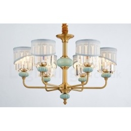 Lampadario a sospensione in ottone puro, rustico, retrò, vintage, in ceramica, con paralumi in tessuto e cristallo