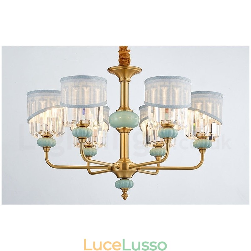 Lampadario a sospensione in ottone puro, rustico, retrò, vintage, in ceramica, con paralumi in tessuto e cristallo