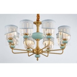 Lampadario a sospensione in ottone puro, rustico, retrò, vintage, in ceramica, con paralumi in tessuto e cristallo
