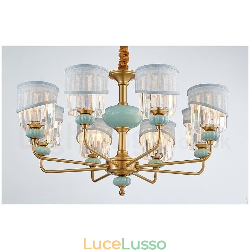 Lampadario a sospensione in ottone puro, rustico, retrò, vintage, in ceramica, con paralumi in tessuto e cristallo