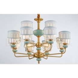 Lampadario a sospensione in ottone puro, rustico, retrò, vintage, in ceramica, con paralumi in tessuto e cristallo