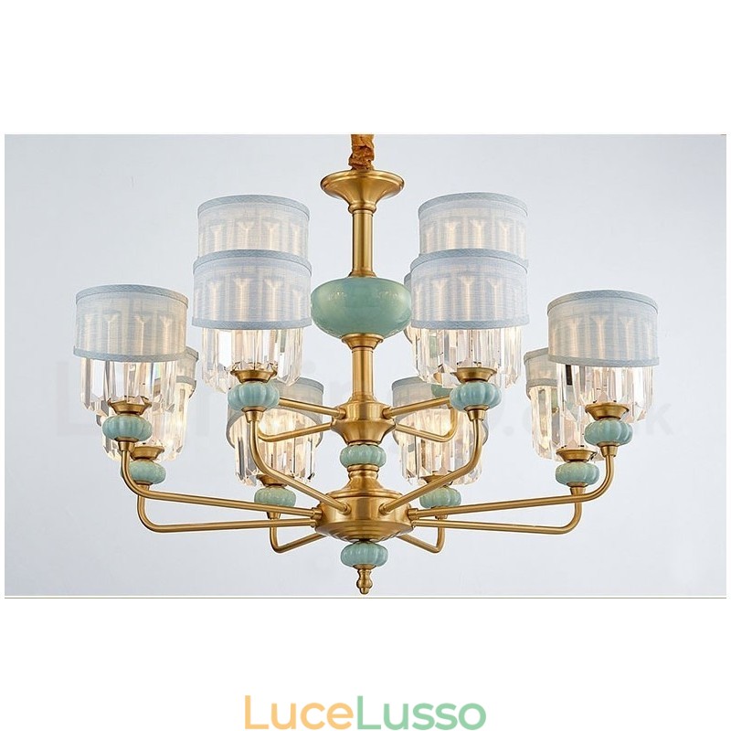 Lampadario a sospensione in ottone puro, rustico, retrò, vintage, in ceramica, con paralumi in tessuto e cristallo