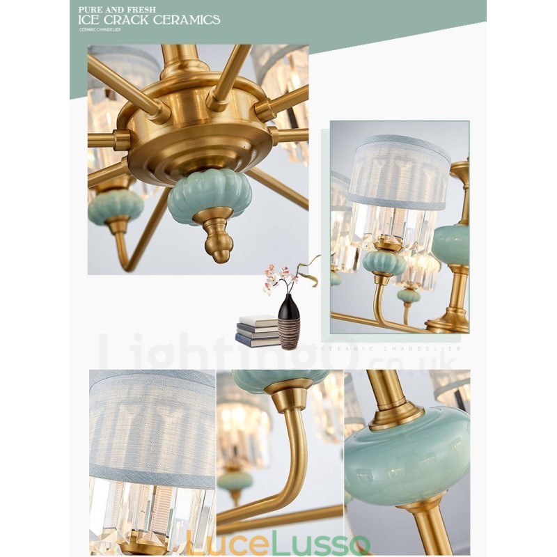 Lampadario a sospensione in ottone puro, rustico, retrò, vintage, in ceramica, con paralumi in tessuto e cristallo