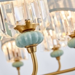 Lampadario a sospensione in ottone puro, rustico, retrò, vintage, in ceramica, con paralumi in tessuto e cristallo