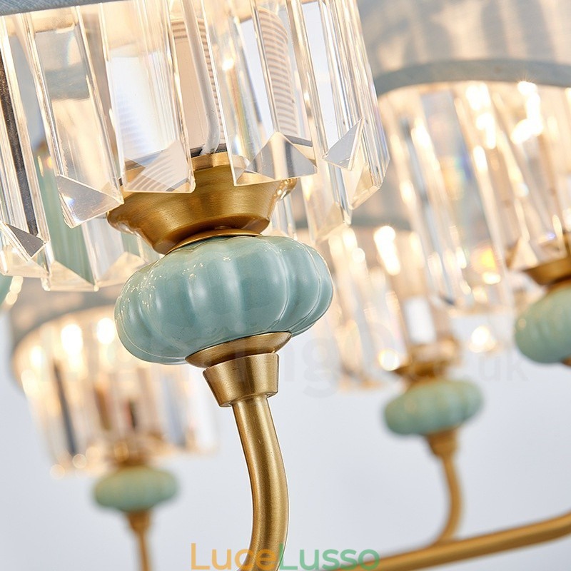 Lampadario a sospensione in ottone puro, rustico, retrò, vintage, in ceramica, con paralumi in tessuto e cristallo