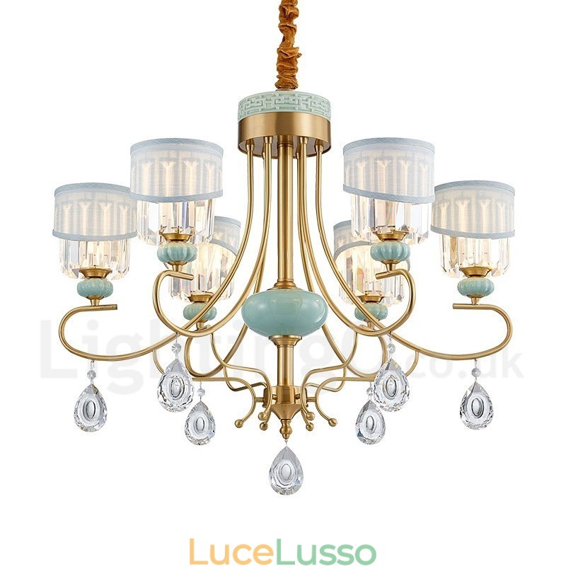Lampadario a sospensione in ottone puro, rustico, retrò, vintage, in ceramica, con paralumi in tessuto e cristallo