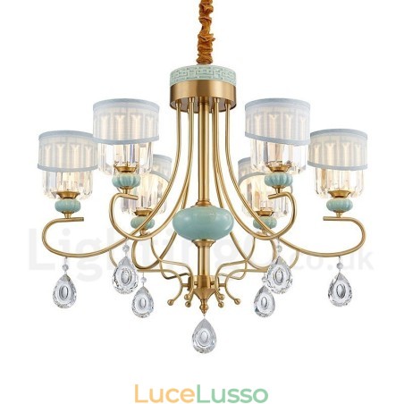 Lampadario a sospensione in ottone puro, rustico, retrò, vintage, in ceramica, con paralumi in tessuto e cristallo Lampadario a sospensione in ottone puro, rustico, retrò, vintage, in ceramica, con paralumi in tessuto e cristallo