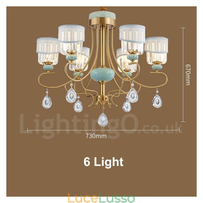 Lampadario a sospensione in ottone puro, rustico, retrò, vintage, in ceramica, con paralumi in tessuto e cristallo
