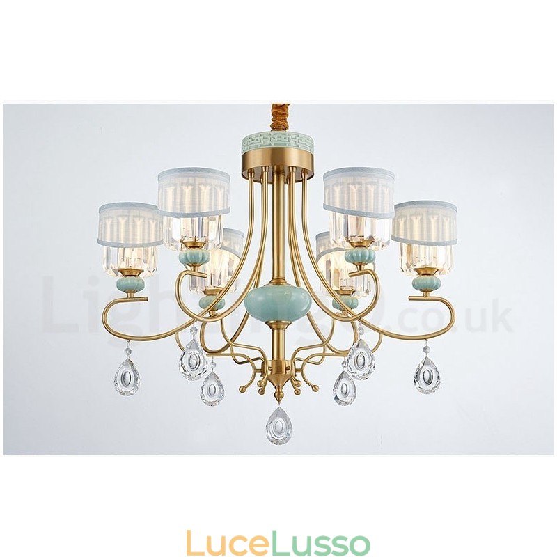 Lampadario a sospensione in ottone puro, rustico, retrò, vintage, in ceramica, con paralumi in tessuto e cristallo