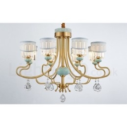 Lampadario a sospensione in ottone puro, rustico, retrò, vintage, in ceramica, con paralumi in tessuto e cristallo