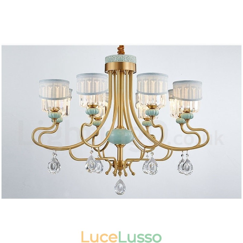 Lampadario a sospensione in ottone puro, rustico, retrò, vintage, in ceramica, con paralumi in tessuto e cristallo
