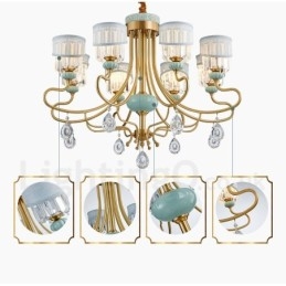 Lampadario a sospensione in ottone puro, rustico, retrò, vintage, in ceramica, con paralumi in tessuto e cristallo