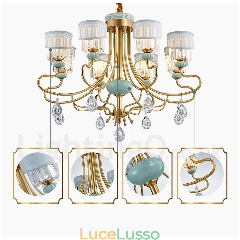 Lampadario a sospensione in ottone puro, rustico, retrò, vintage, in ceramica, con paralumi in tessuto e cristallo