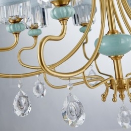 Lampadario a sospensione in ottone puro, rustico, retrò, vintage, in ceramica, con paralumi in tessuto e cristallo
