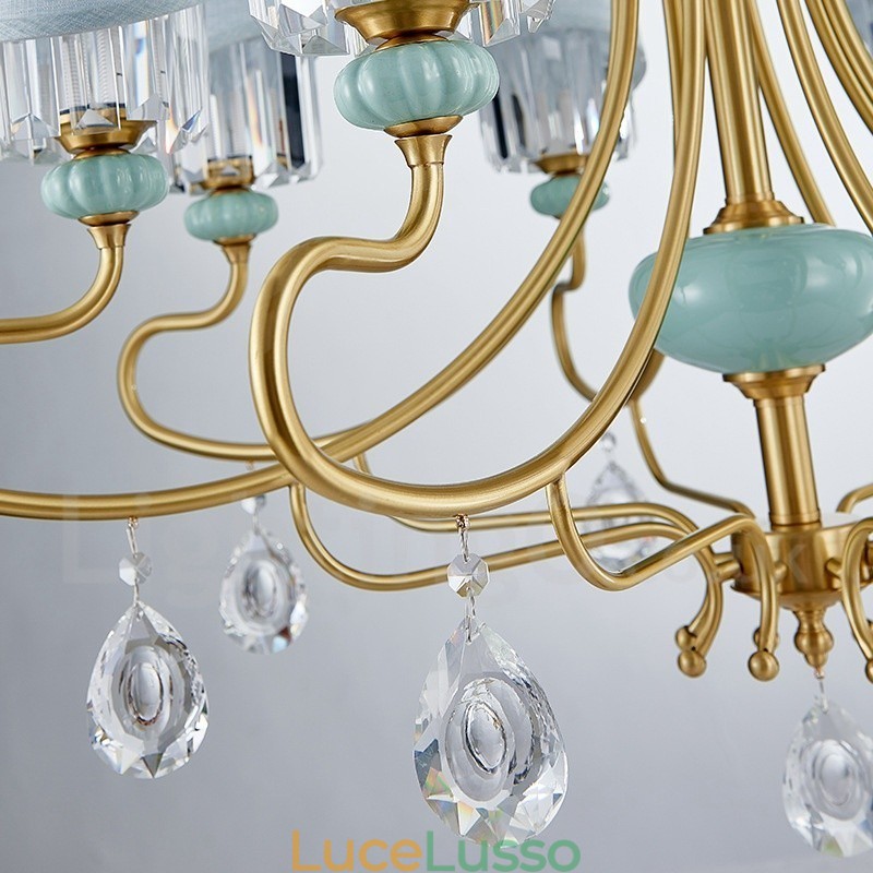 Lampadario a sospensione in ottone puro, rustico, retrò, vintage, in ceramica, con paralumi in tessuto e cristallo