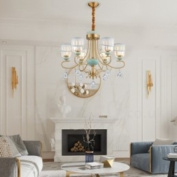 Lampadario a sospensione in ottone puro, rustico, retrò, vintage, in ceramica, con paralumi in tessuto e cristallo