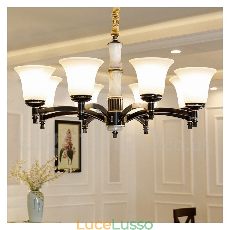 Lampadario a sospensione in ottone puro, rustico, retrò, vintage, con paralumi in vetro e pietra