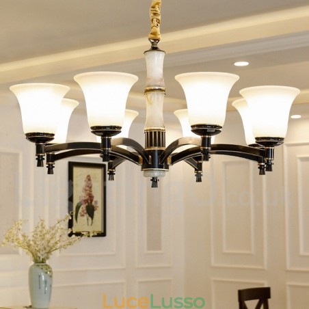 Lampadario a sospensione in ottone puro, rustico, retrò, vintage, con paralumi in vetro e pietra Lampadario a sospensione in ottone puro, rustico, retrò, vintage, con paralumi in vetro e pietra