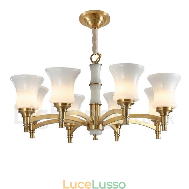 Lampadario a sospensione in ottone puro, rustico, retrò, vintage, con paralumi in vetro e pietra
