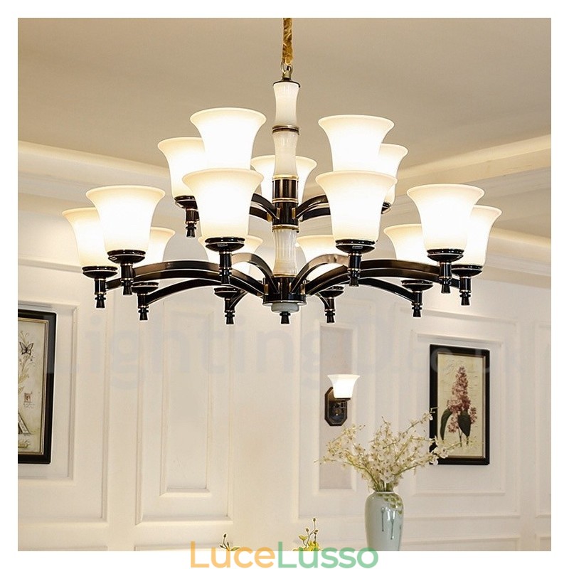 Lampadario a sospensione in ottone puro, rustico, retrò, vintage, con paralumi in vetro e pietra