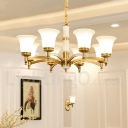 Lampadario a sospensione in ottone puro, rustico, retrò, vintage, con paralumi in vetro e pietra