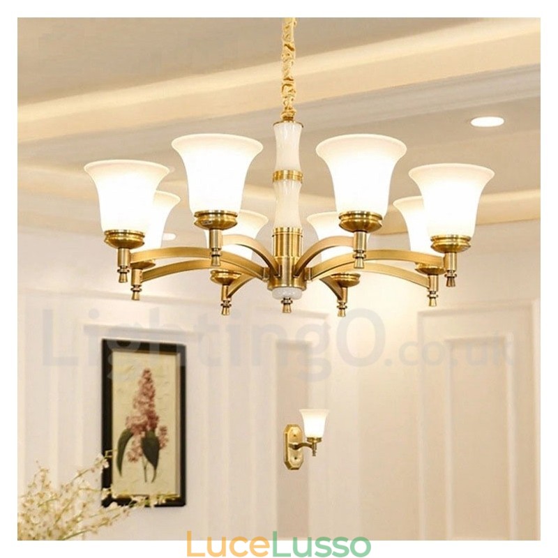 Lampadario a sospensione in ottone puro, rustico, retrò, vintage, con paralumi in vetro e pietra