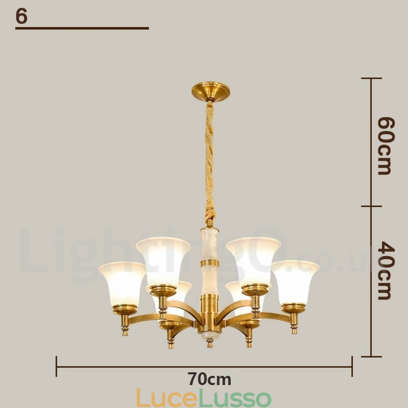 Lampadario a sospensione in ottone puro, rustico, retrò, vintage, con paralumi in vetro e pietra