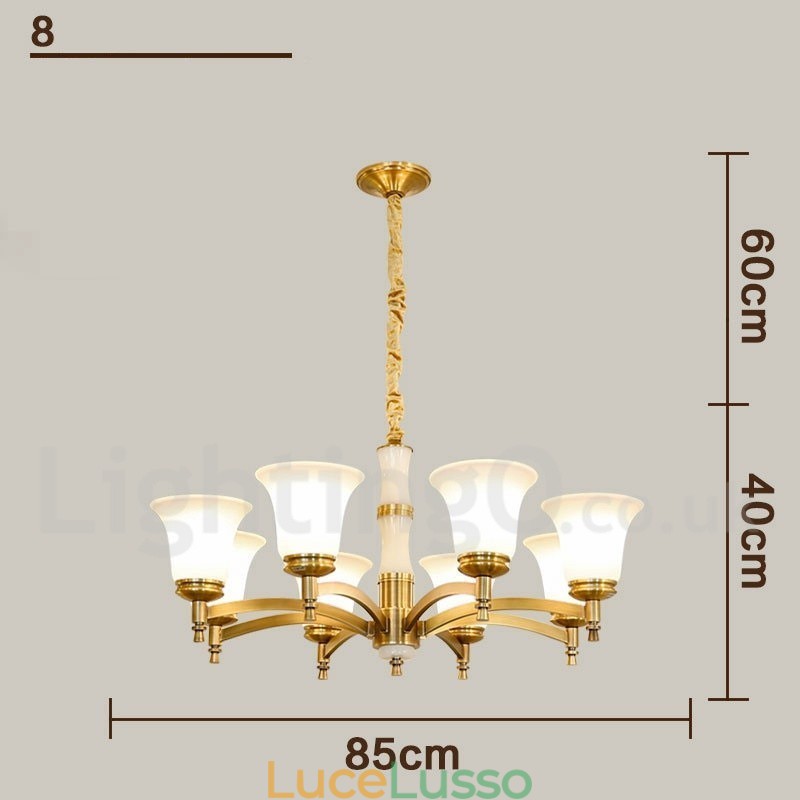 Lampadario a sospensione in ottone puro, rustico, retrò, vintage, con paralumi in vetro e pietra