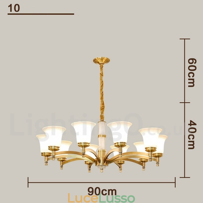 Lampadario a sospensione in ottone puro, rustico, retrò, vintage, con paralumi in vetro e pietra