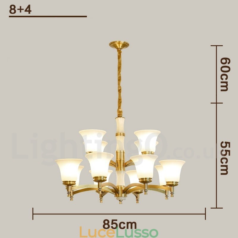 Lampadario a sospensione in ottone puro, rustico, retrò, vintage, con paralumi in vetro e pietra