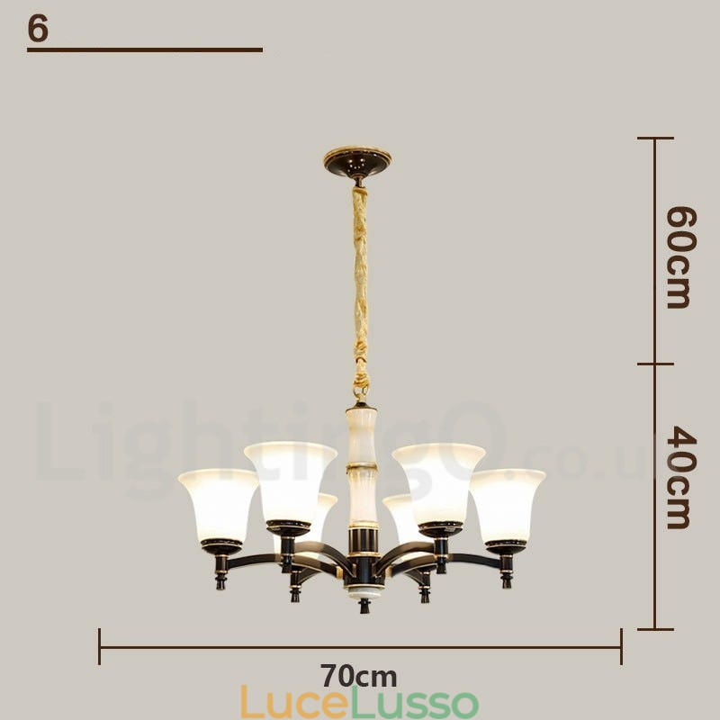 Lampadario a sospensione in ottone puro, rustico, retrò, vintage, con paralumi in vetro e pietra