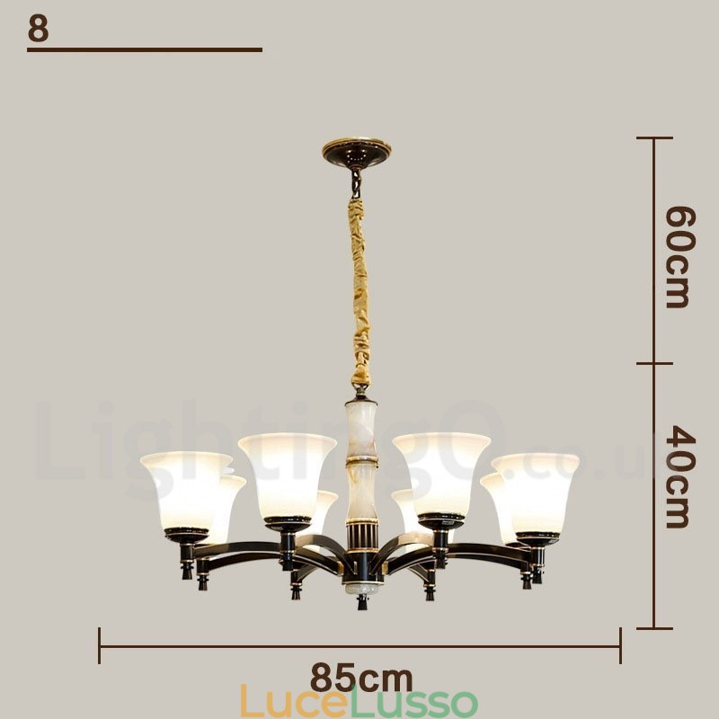 Lampadario a sospensione in ottone puro, rustico, retrò, vintage, con paralumi in vetro e pietra