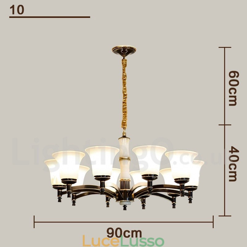 Lampadario a sospensione in ottone puro, rustico, retrò, vintage, con paralumi in vetro e pietra