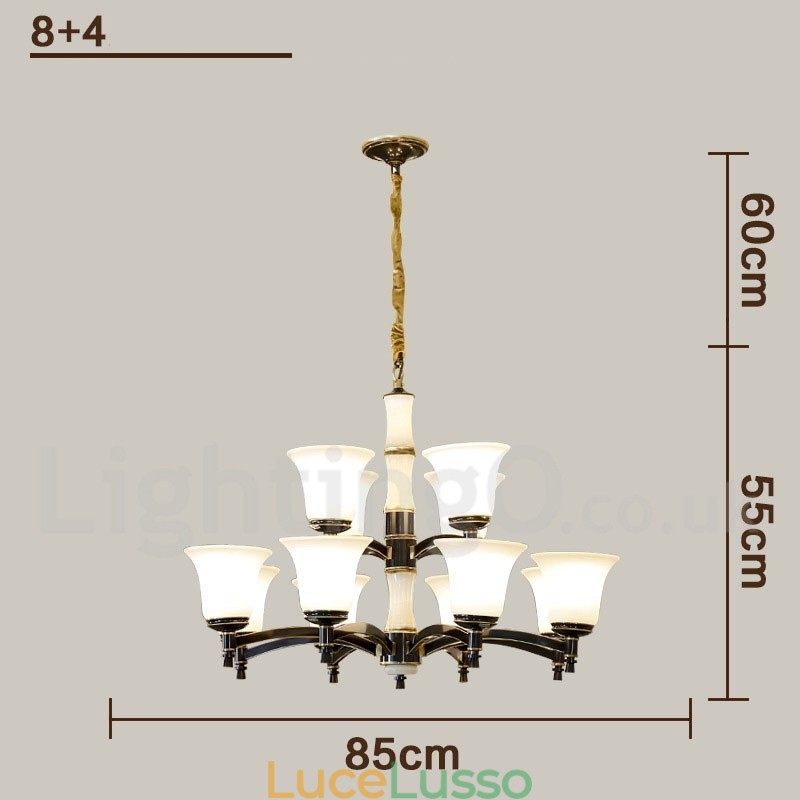 Lampadario a sospensione in ottone puro, rustico, retrò, vintage, con paralumi in vetro e pietra