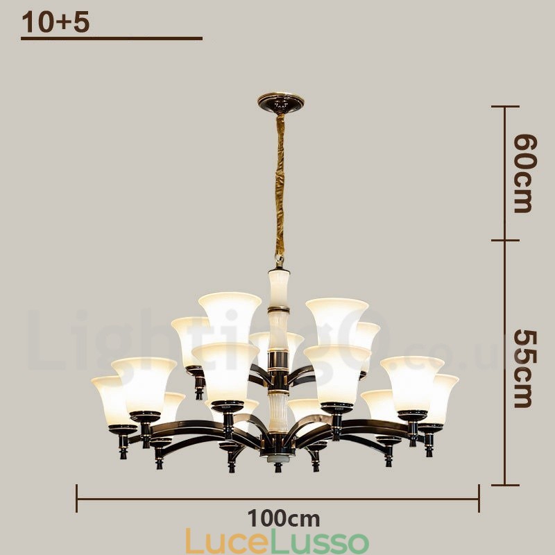 Lampadario a sospensione in ottone puro, rustico, retrò, vintage, con paralumi in vetro e pietra