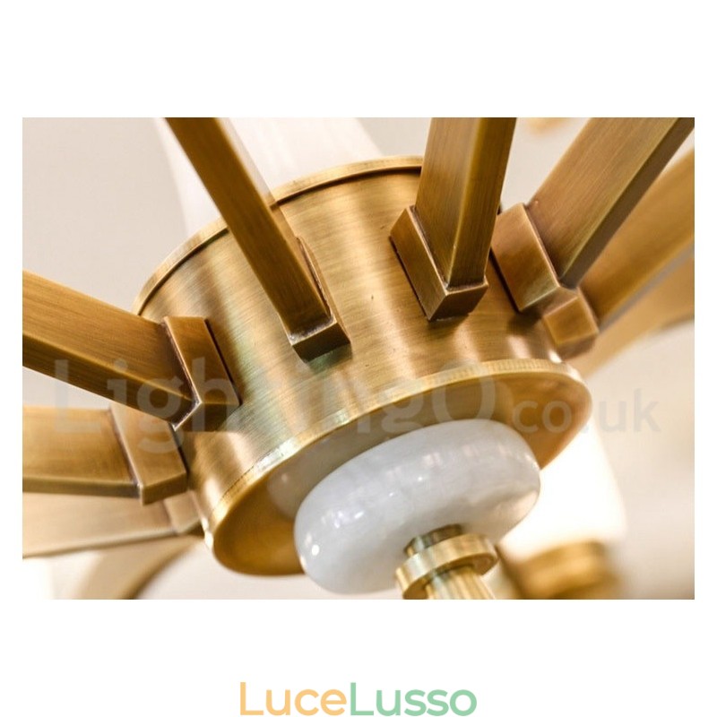 Lampadario a sospensione in ottone puro, rustico, retrò, vintage, con paralumi in vetro e pietra