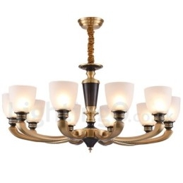 Lampadario a candela in ottone puro, rustico, retrò, vintage, con paralumi in vetro
