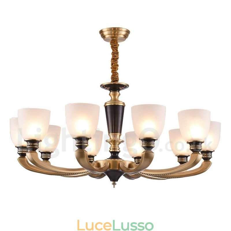 Lampadario a candela in ottone puro, rustico, retrò, vintage, con paralumi in vetro