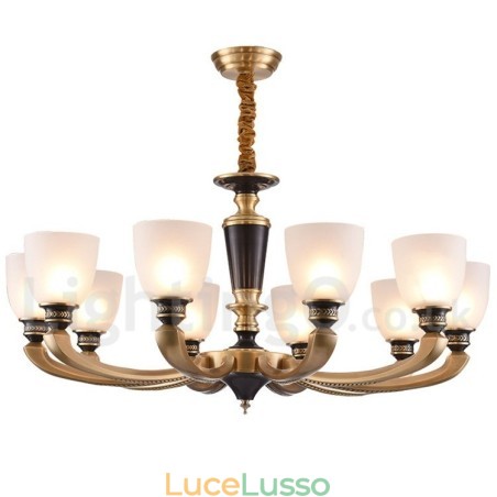 Lampadario a candela in ottone puro, rustico, retrò, vintage, con paralumi in vetro Lampadario a candela in ottone puro, rustico, retrò, vintage, con paralumi in vetro