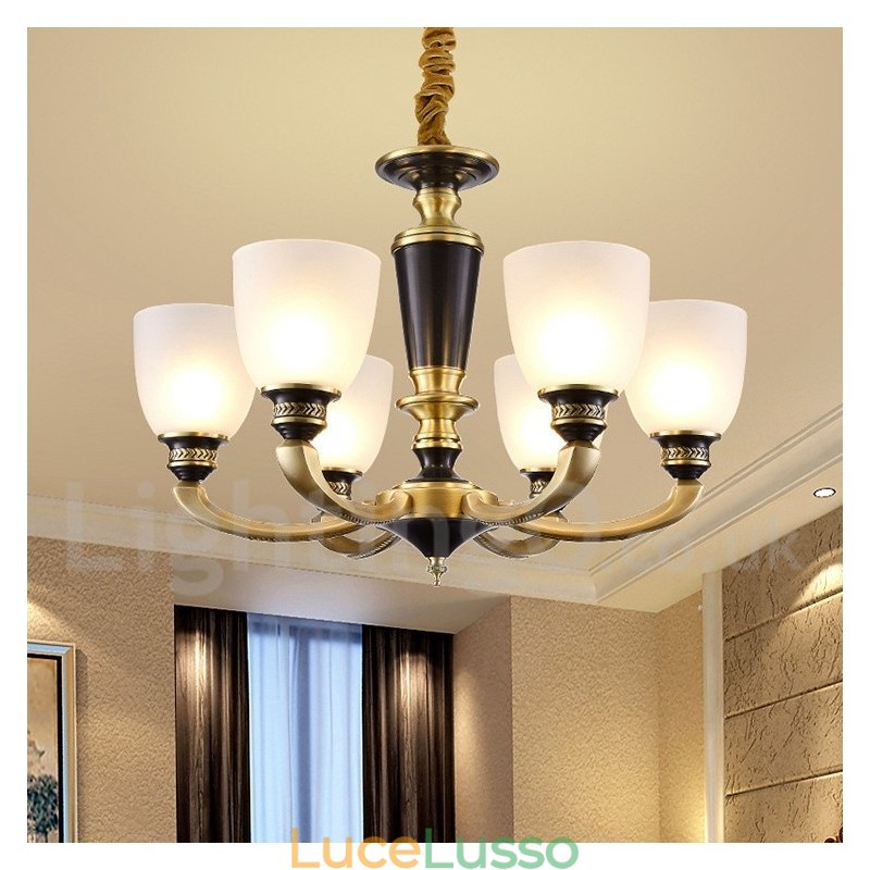Lampadario a candela in ottone puro, rustico, retrò, vintage, con paralumi in vetro