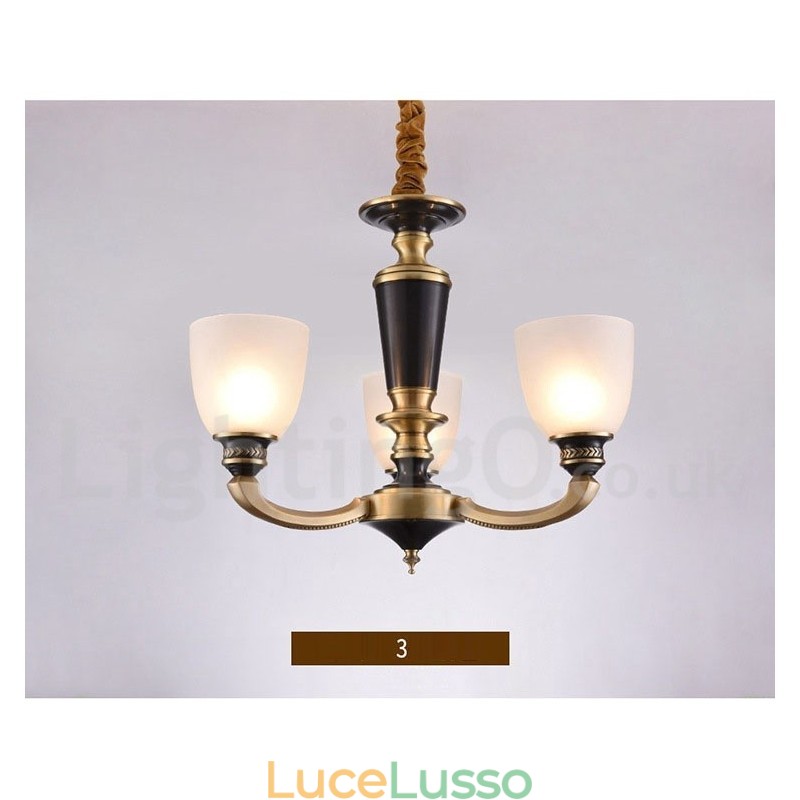 Lampadario a candela in ottone puro, rustico, retrò, vintage, con paralumi in vetro