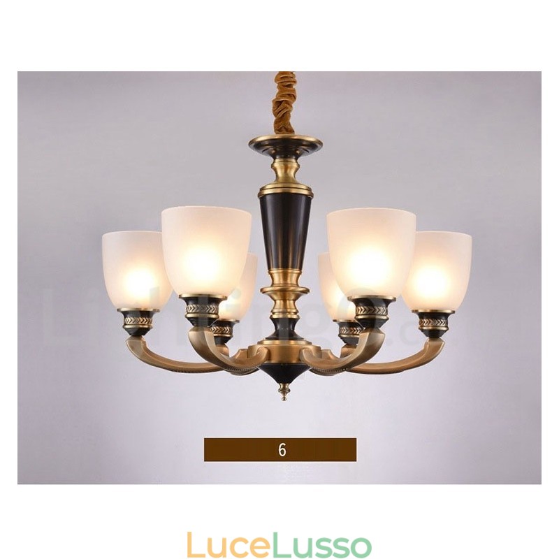 Lampadario a candela in ottone puro, rustico, retrò, vintage, con paralumi in vetro