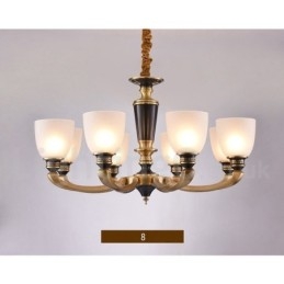 Lampadario a candela in ottone puro, rustico, retrò, vintage, con paralumi in vetro