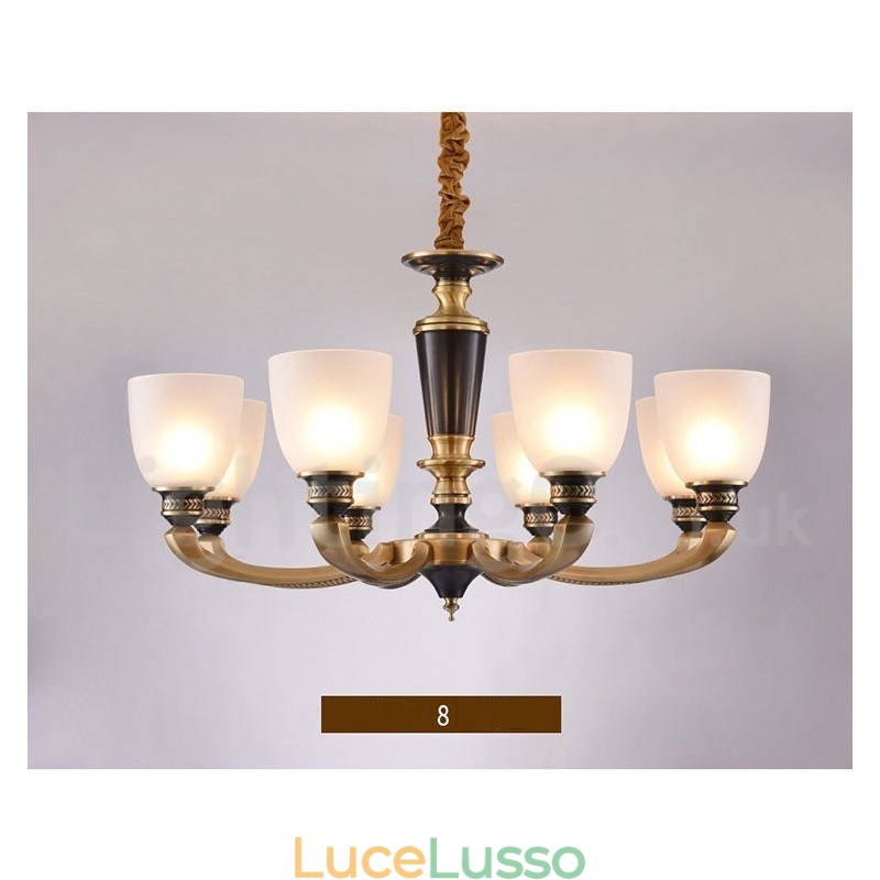Lampadario a candela in ottone puro, rustico, retrò, vintage, con paralumi in vetro