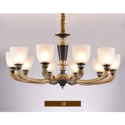 Lampadario a candela in ottone puro, rustico, retrò, vintage, con paralumi in vetro
