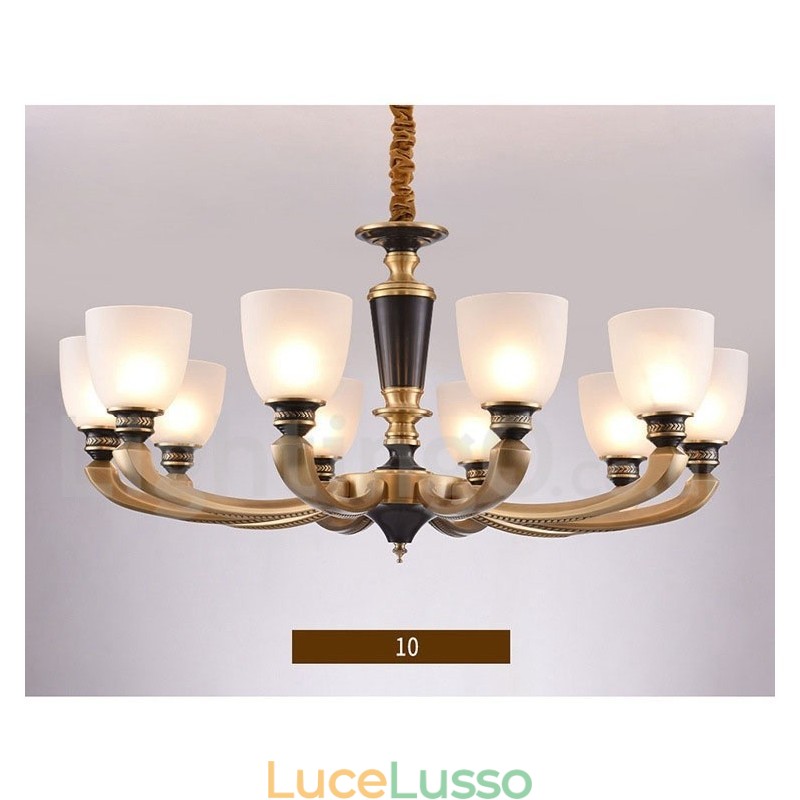 Lampadario a candela in ottone puro, rustico, retrò, vintage, con paralumi in vetro