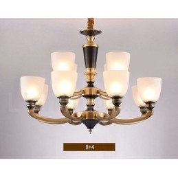 Lampadario a candela in ottone puro, rustico, retrò, vintage, con paralumi in vetro